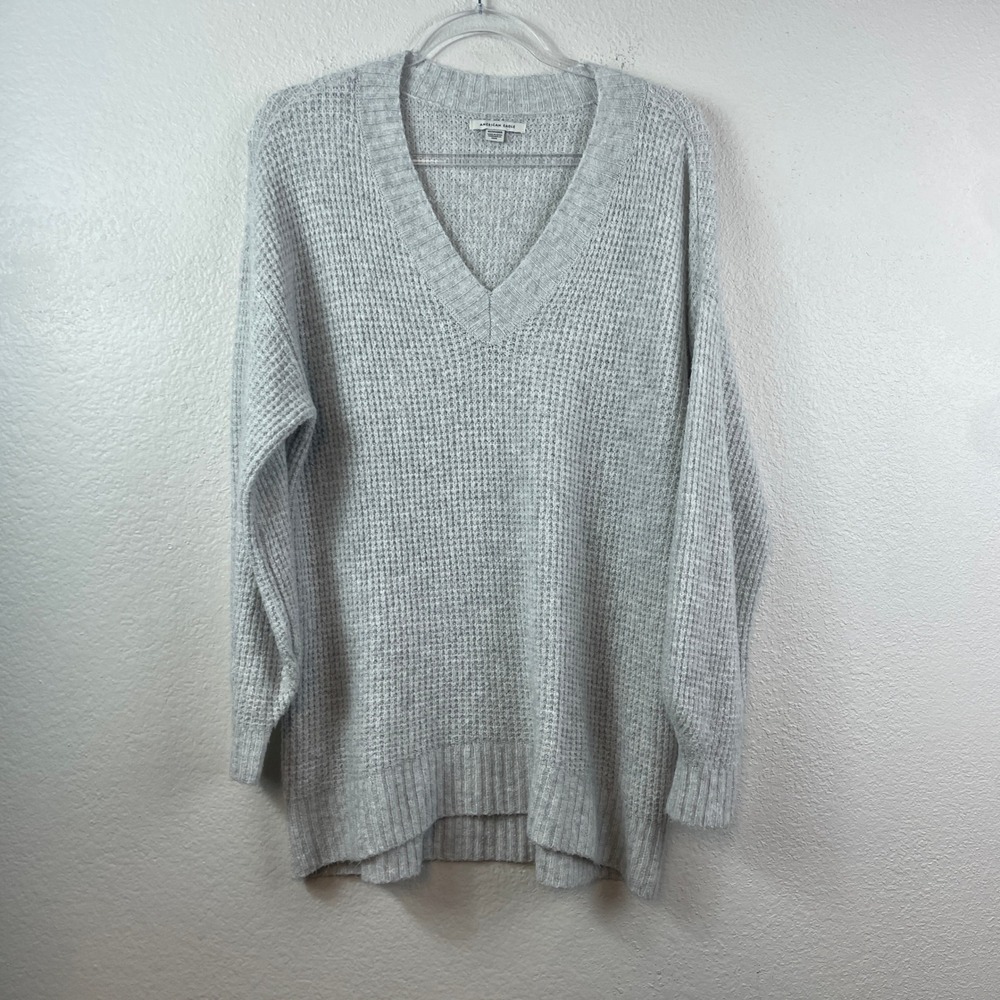 American Eagle Womens XS Gray Waffle Knit V-Neck Tunic Sweater Relaxed Fit Soft